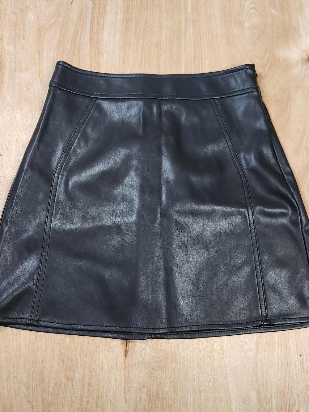River Island Womens Black Faux Leather A-Line Mini Skirt With Elastic Waist 8